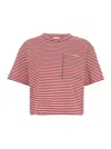 Brunello Cucinelli Red Crewneck T-shirt With All-over Striped Motif And Jewel Detail On The Front In In Red