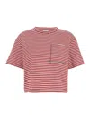 Brunello Cucinelli Red Crewneck T-shirt With All-over Striped Motif And Jewel Detail On The Front In In Multicolor