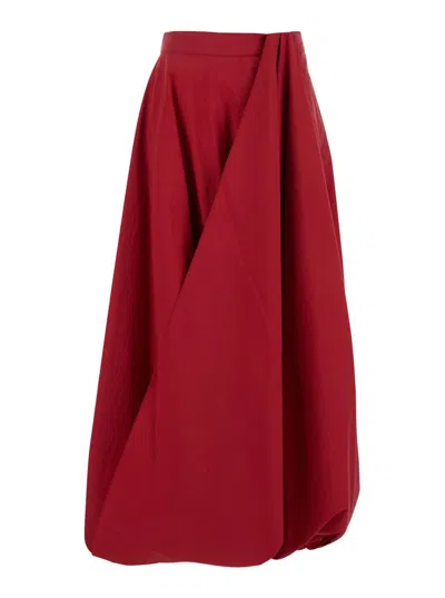 BRUNELLO CUCINELLI RED LONG SKIRT WITH DRAPED DETAILS AND ZIP CLOSURE IN COTTON WOMAN
