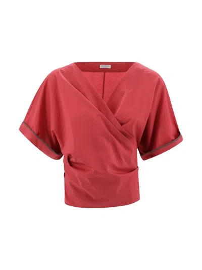 Brunello Cucinelli Red Shirt With V-neck And Monili Detail In Cotton Woman