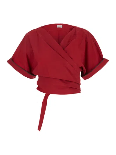 Brunello Cucinelli Red Shirt With V-neck And Monili Detail In Cotton Woman