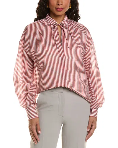 Brunello Cucinelli Red Striped Tie-neck Blouse In Pink