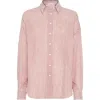 Brunello Cucinelli Women Linen And Silk Striped Organza Shirt With Shiny Collar Detail In Multi