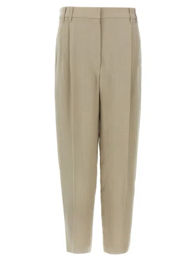 Brunello Cucinelli Refined Linen Blend Trousers With Monile Detail In Neutral