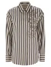 Brunello Cucinelli White Shirt With Floral Embroidery On The Front And All-over Striped Motif In Bianco/nero