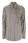 Brunello Cucinelli White Shirt With Floral Embroidery On The Front And All-over Striped Motif