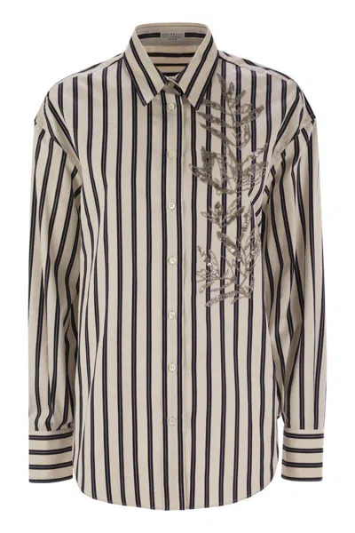 Brunello Cucinelli Regimental Cotton And Silk Poplin Shirt With Glistening Herbarium Embroidery In Black