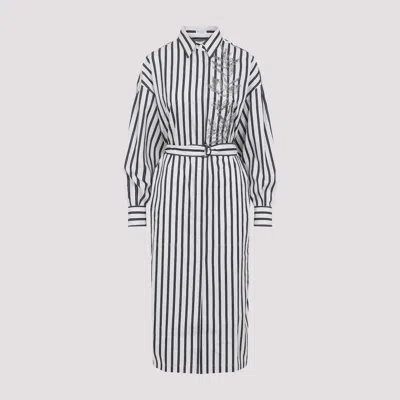 BRUNELLO CUCINELLI REGIMENTAL COTTON-SILK POPLIN DRESS WITH GLISTENING HERBARIUM EMBROIDERY