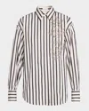 Brunello Cucinelli White Shirt With Floral Embroidery On The Front And All-over Striped Motif In C046 Black White