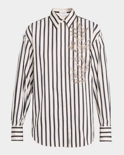 Brunello Cucinelli Regimental Striped Herbarium Embroidered Button-down Top In White