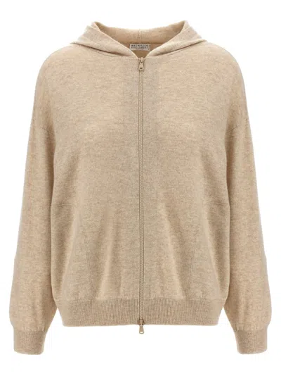 Brunello Cucinelli Relaxed-fit Cashmere Hoodie With Front Zip Closure In Nude