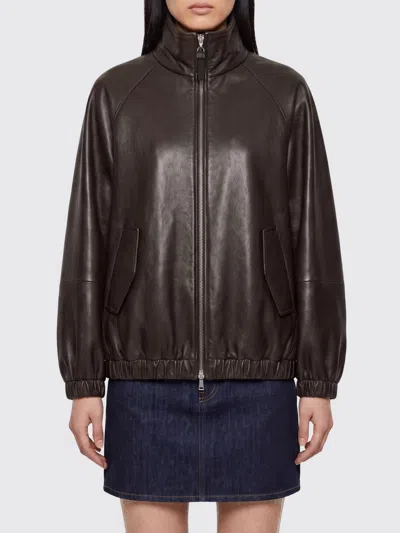 Brunello Cucinelli Relaxed Fit Lambskin Leather Bomber Jacket With High Neck In Brown