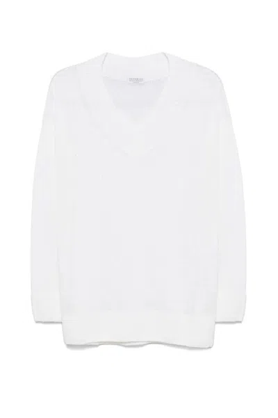 Brunello Cucinelli Relaxed Fit Lightweight Sweater With Deep V-neckline In White