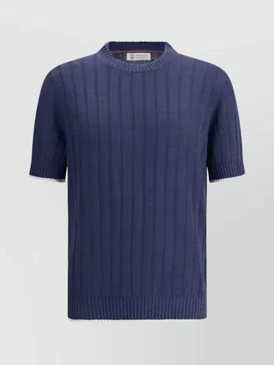Brunello Cucinelli Linen And Cotton Short Sleeves Sweater In Navy Blue
