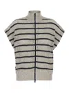 Brunello Cucinelli Beige Cardigan With High Neck And All-over Striped Motif In Neutrals