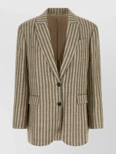 Brunello Cucinelli Green Stripes Notched Lapel Blazer In Brown