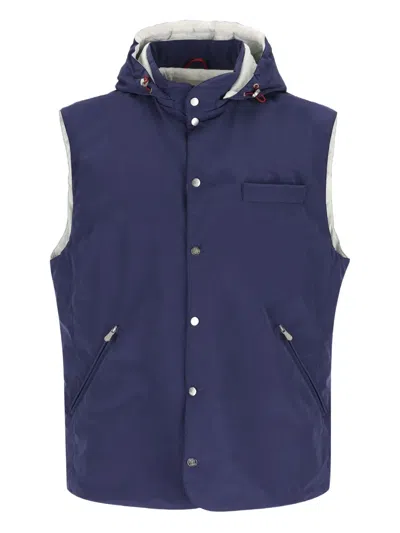 Brunello Cucinelli Removable-hood Snap-button Gilet In Blue