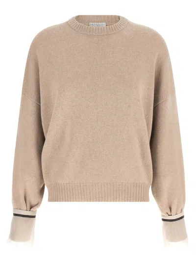 Brunello Cucinelli Removable Monile Silk Cuffs Sweater In Beige