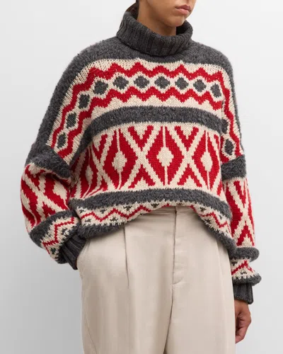 Brunello Cucinelli Retro Jacquard Fair Isle Cashmere Turtleneck Sweater In Cae20 Volcano