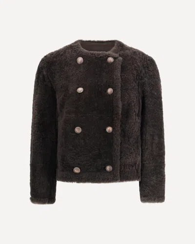 Brunello Cucinelli Reversible Cropped Caban In Fuzzy Shearling In Brown