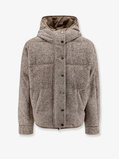 Brunello Cucinelli Reversible Down Jaket In Wool And Silk In Brown