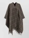 Brunello Cucinelli Reversible Poncho With Fringe And Plaid In Gray
