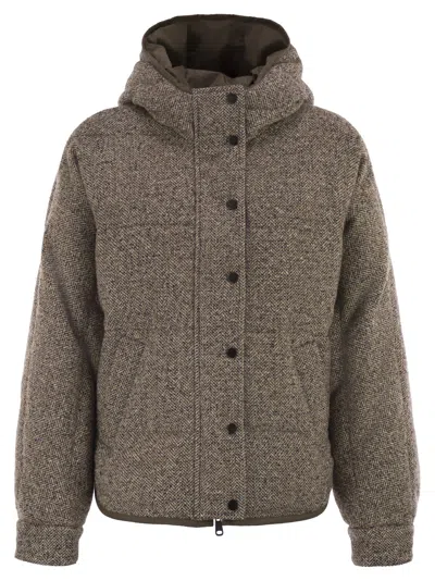 Brunello Cucinelli Reversible Virgin Wool And Silk Down Jacket With Hood In Brown
