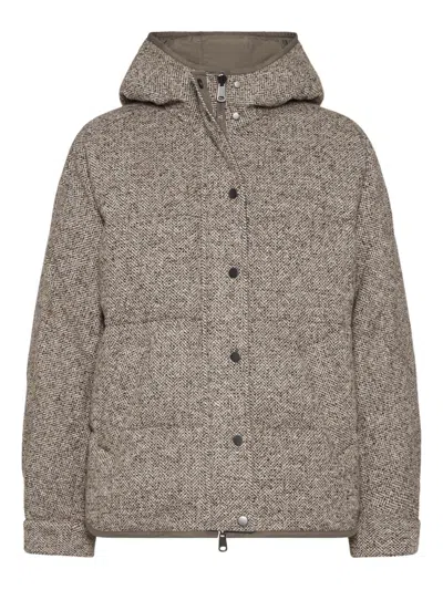 Brunello Cucinelli Reversible Virgin Wool And Silk Down Jacket With Hood In Gray