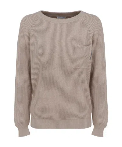 Brunello Cucinelli Rib Cotton Pullover In Nude
