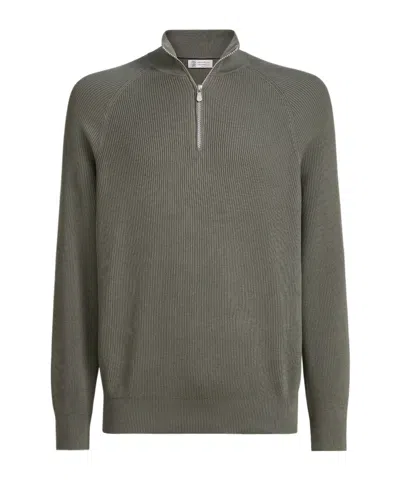 Brunello Cucinelli Rib Half-zip Sweater In Green