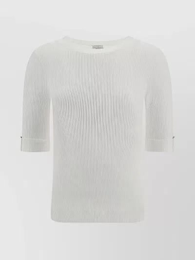 Brunello Cucinelli Ribbed 3/4 Sleeve Cuffed T-shirt In White