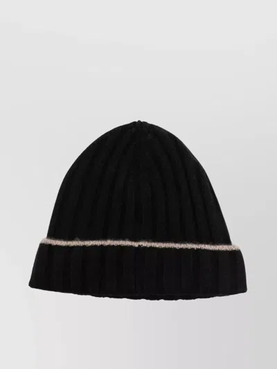 Brunello Cucinelli Ribbed Beanie Pleated Brim In Black