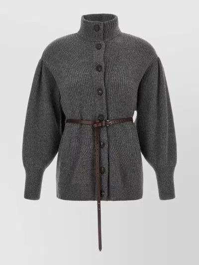 Brunello Cucinelli Belted Chevron-knit Cardigan In Gray