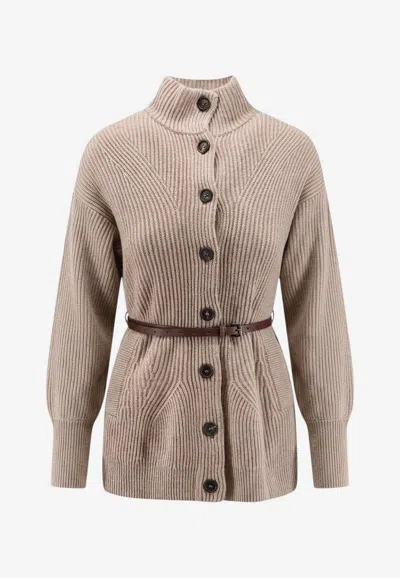 Brunello Cucinelli Ribbed Belted Cardigan In Brown