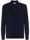 Brunello Cucinelli Ribbed Blue Polo Shirt In Cotton Long-sleeves In Black