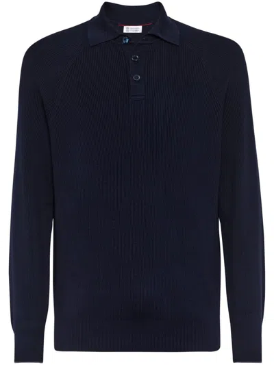 Brunello Cucinelli Ribbed Blue Polo Shirt In Cotton Long-sleeves In Black