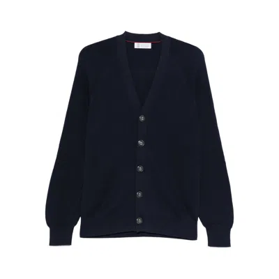 Brunello Cucinelli Ribbed Button Cardigan In Blue