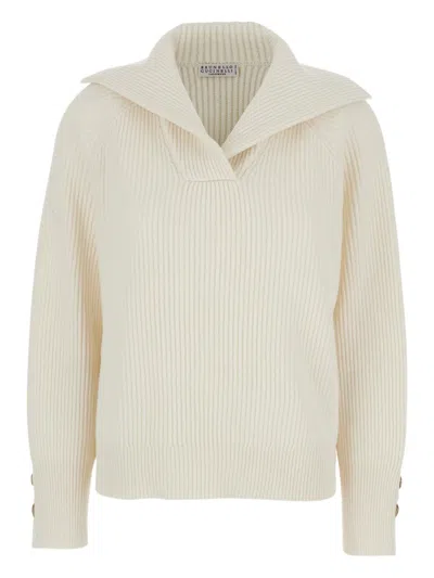 Brunello Cucinelli Deep V-neck Sweater With Wide Collar In White
