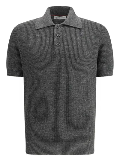 Brunello Cucinelli Melange Dark Grey Linen Blend Polo Shirt In Multi