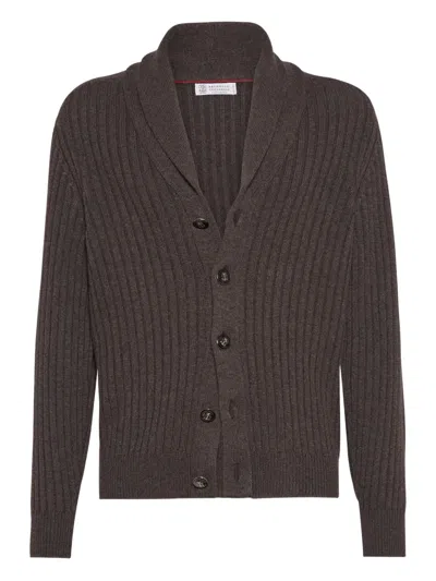 Brunello Cucinelli Ribbed Button-up Cardigan In Brown