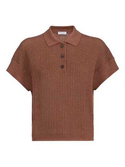 Brunello Cucinelli Ribbed Buttoned Polo Shirt In Brown