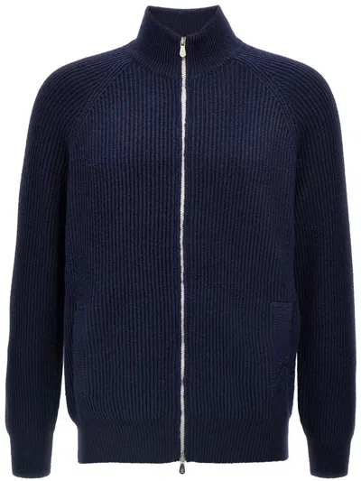 Brunello Cucinelli Ribbed-knit Cotton Zip-up Sweater In Blue