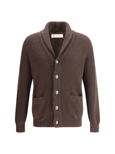 Brunello Cucinelli Ribbed Cardigan In Brown