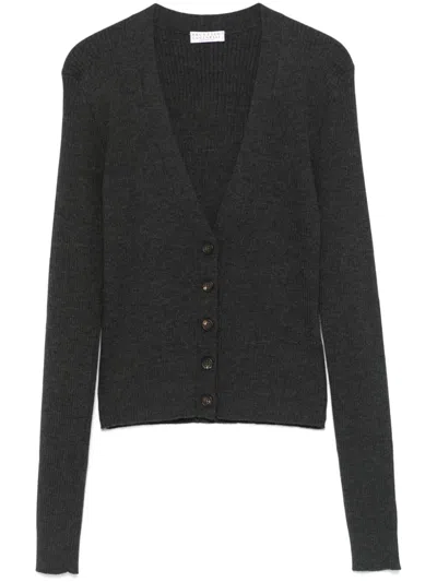 Brunello Cucinelli Embellished Rib Knit Cardigan In Dark Grey