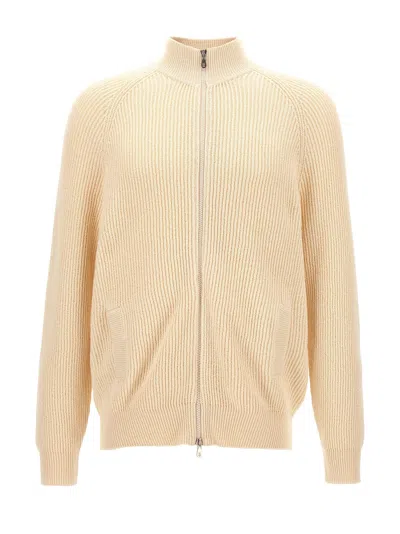 Brunello Cucinelli Ribbed Cardigan Sweater, Cardigans White In Beige