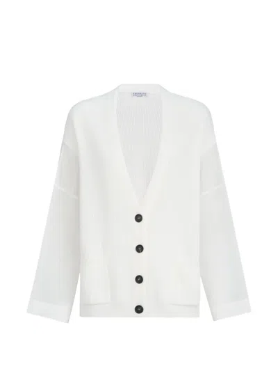 Brunello Cucinelli Knit Cardigan V Neckline Ribbed Texture In White