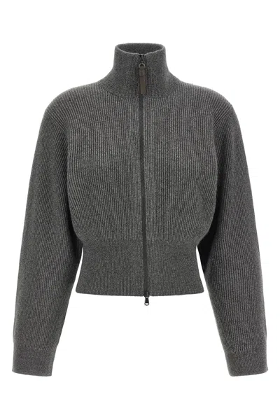 Brunello Cucinelli Ribbed Cardigan With Leather Detail In Gray