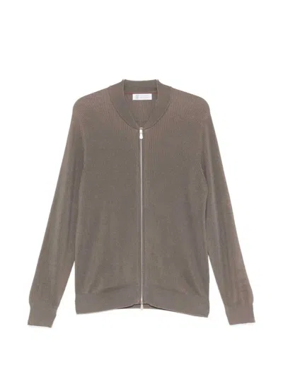Brunello Cucinelli Ribbed Cardigan With Zip Closure In Brown