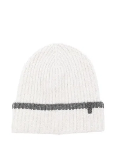 Brunello Cucinelli Ribbed Cashmere Beanie In White
