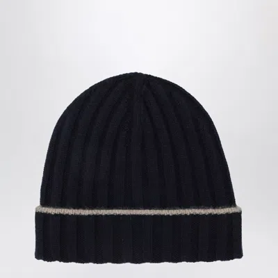 Brunello Cucinelli Ribbed Cashmere Beanie In Navy Blue In Black